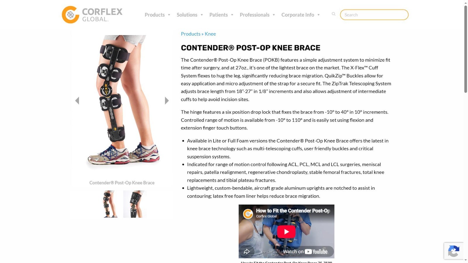 CORFLEX CONTENDER LITE Post-Op Knee Brace ROM Hinged Support Adjustable #75-7500