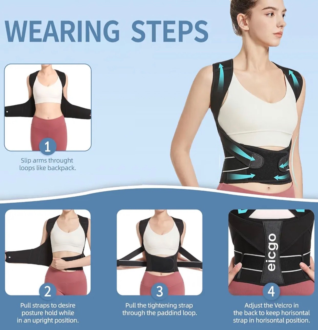Eicgo Adjustable Posture Corrector Belt for Men/Women – Size L
