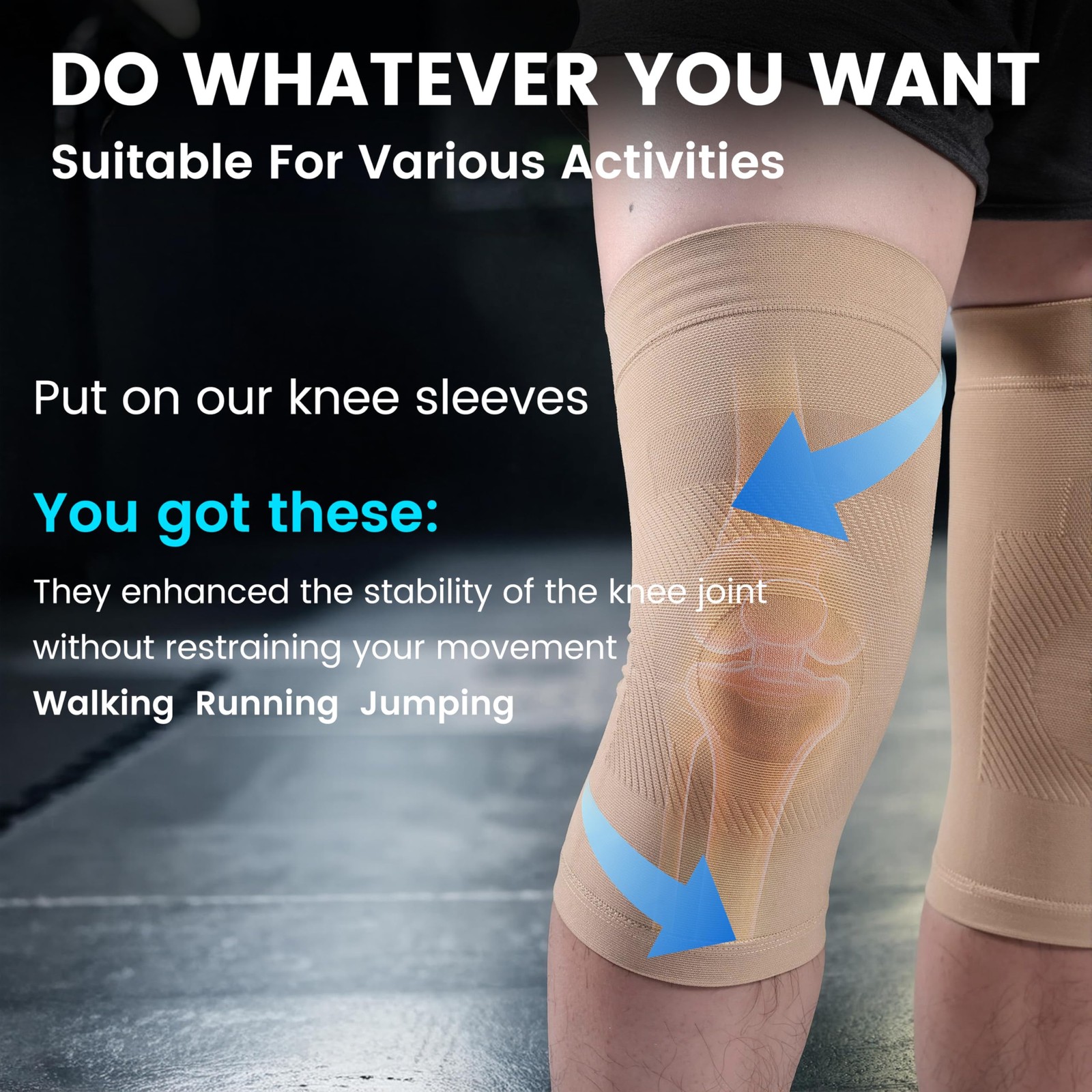 Knee Compression Sleeves, 1 Pair, Can Be Worn Under Medium (1 Pair), Beige