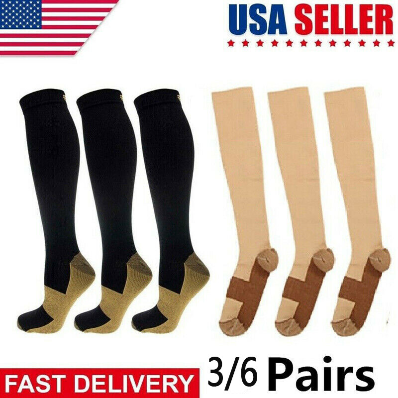 3-6 Pairs Medical Compression Socks for Women and Men 20-30 mmHg Knee High Socks