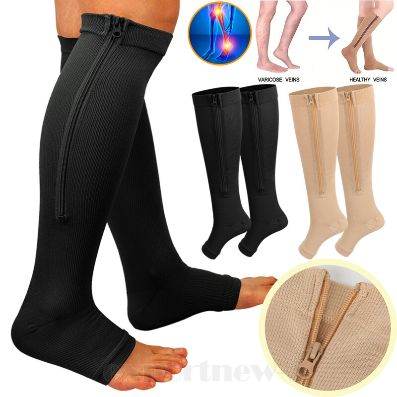 Unisex Zip Up Compression Socks with Zipper Support Leg Knee Stockings Open Toe