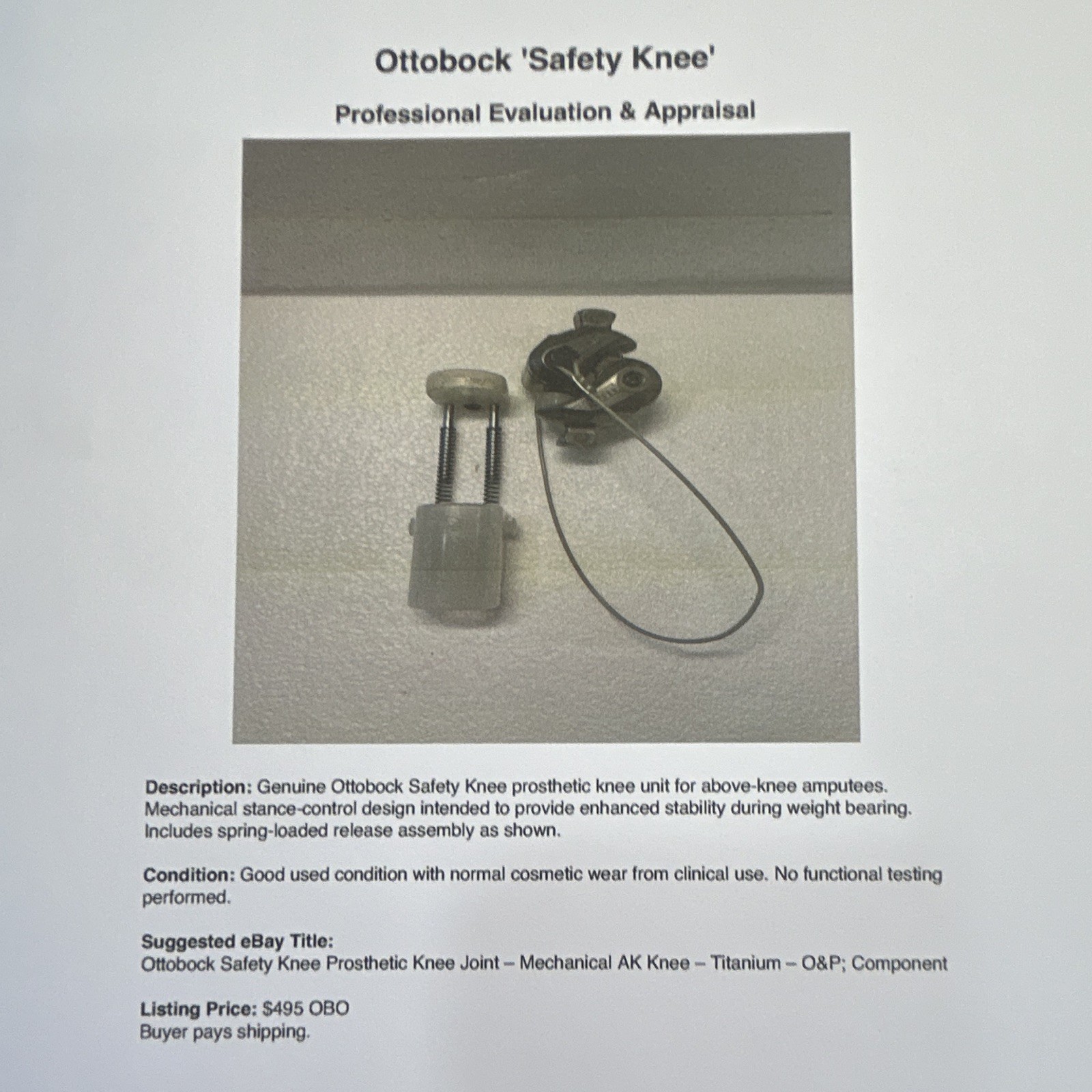 Ottobock Safety Knee Prosthetic Knee Joint Spring Loaded Release Silver/White