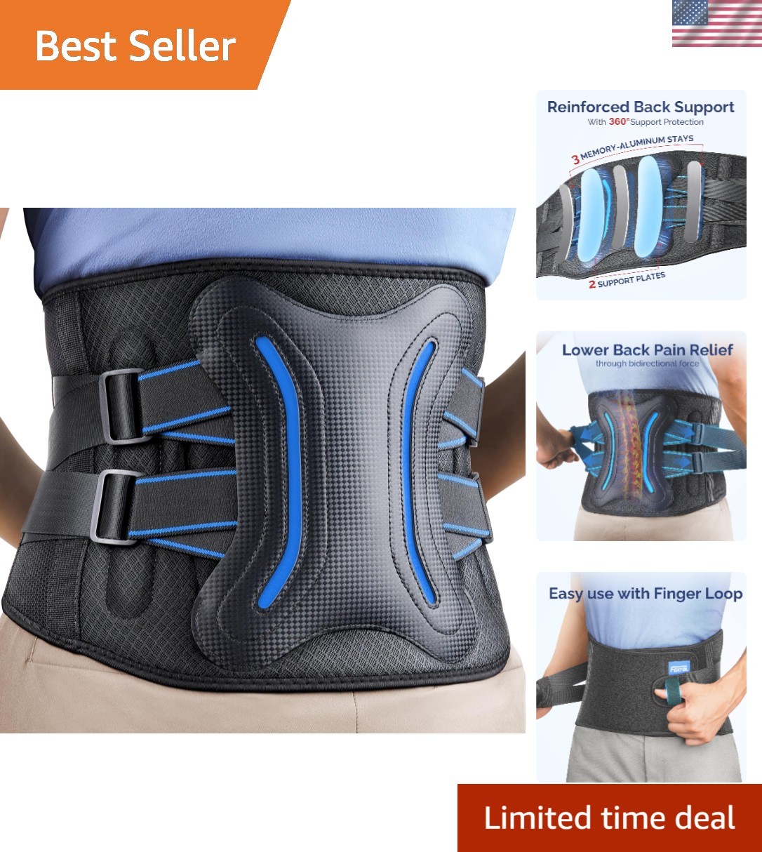 Lower Back Brace with 5 Reinforced Stays for Women and Men, Adjustable Snug-F…