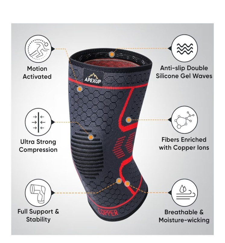 ApexUp Set of 2 Knee Brace Copper Ion Fiber Support Anti-Aging Slip NEW Medium