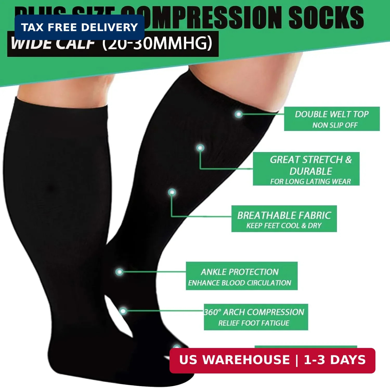 3/4 Pairs Plus Size Compression Socks for Women and Men Wide Calf 20-30mmhg Extr