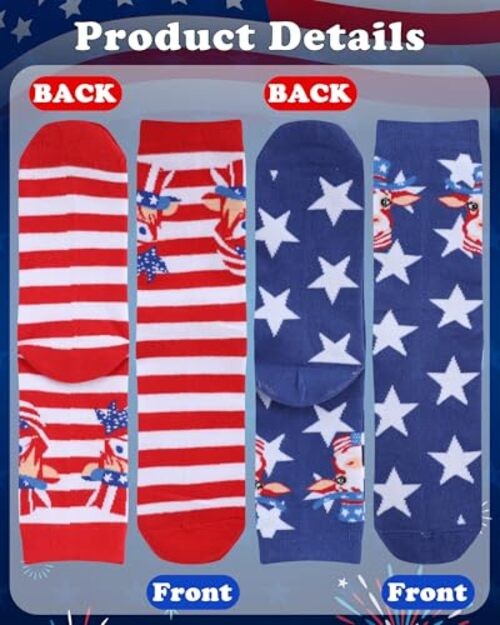 2 Pairs 4th of July Socks for Women Men, Patriotic Socks Red White Blue Stars