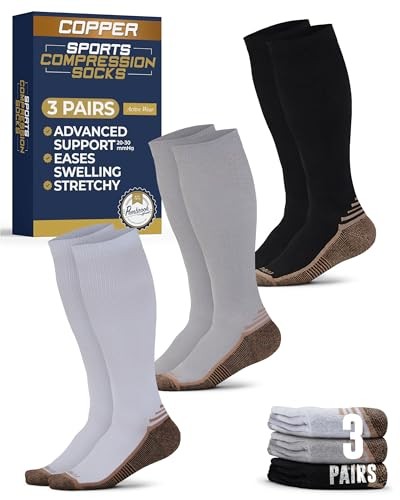 3 Pairs Copper Mens Compression Socks 20-30 Large Black/ White/Gray – 3 Pairs