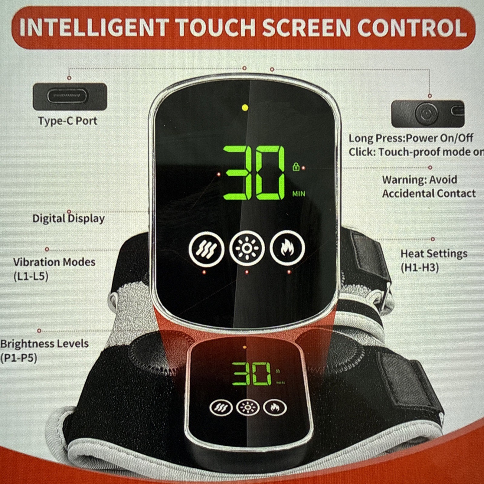 3-in-1 Red Light Therapy Heated Massager, Rechargeable 5000mAh, 660nm & 850nm