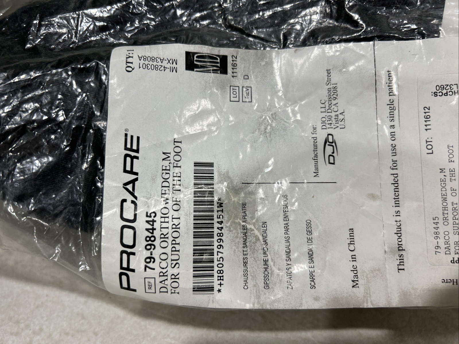 Orthopedic Shoe Brace M Post Op Darco Wedge Sole Wound Care 79-98445
