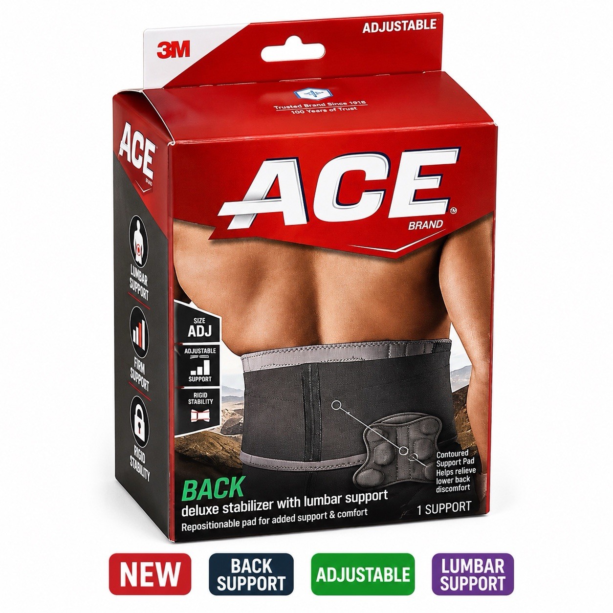 ACE Back Deluxe Stabilizer Lumbar Support Brace Adjustable Gray New
