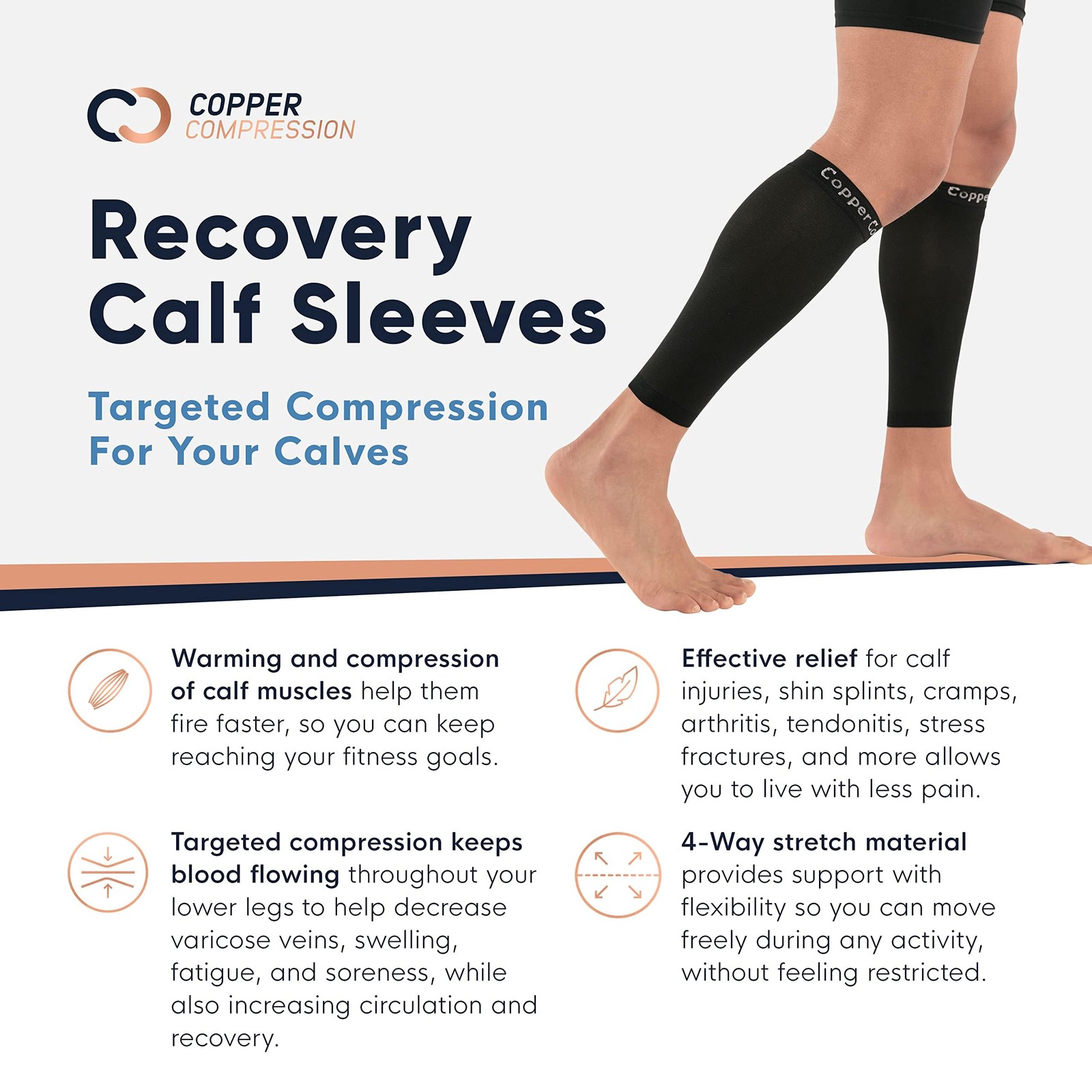 Copper Compression Calf Sleeves for Shin Splints, Medium (1 Pair), Black