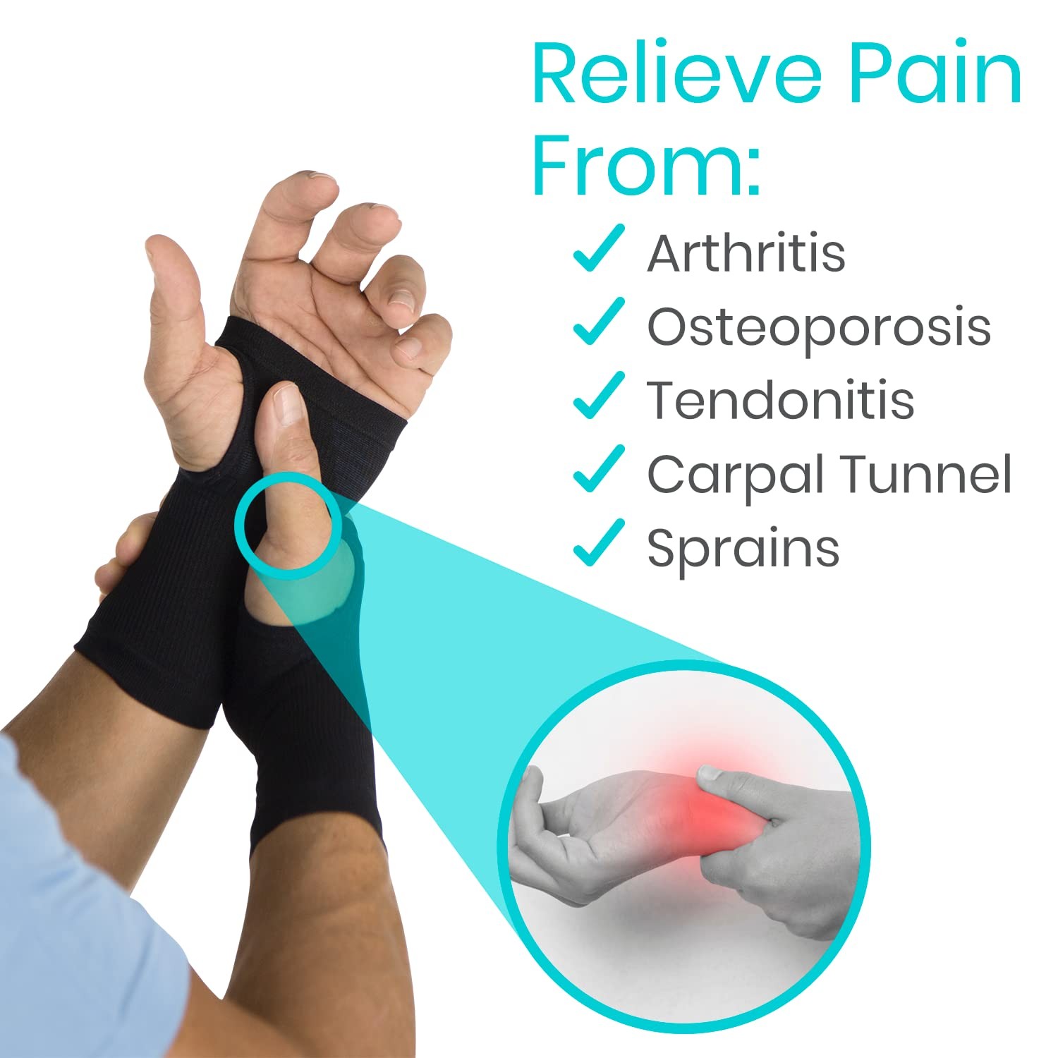 Vive Wrist Compression Sleeve Support Brace for Pain Relief – Medium, Black