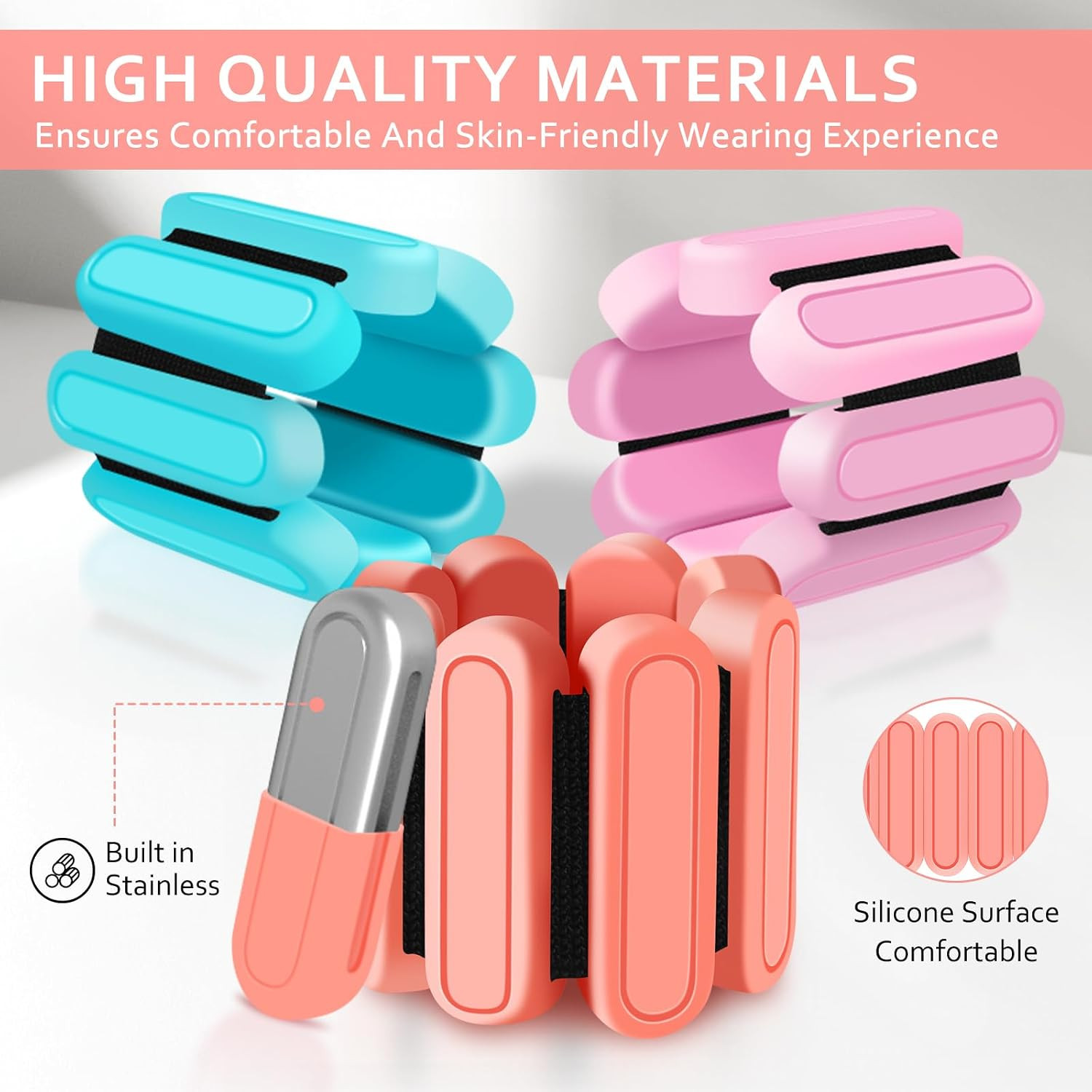 Adjustable Wrist & Ankle Weights Set of 2(1Lbs Each), Premium Silicone Wearable