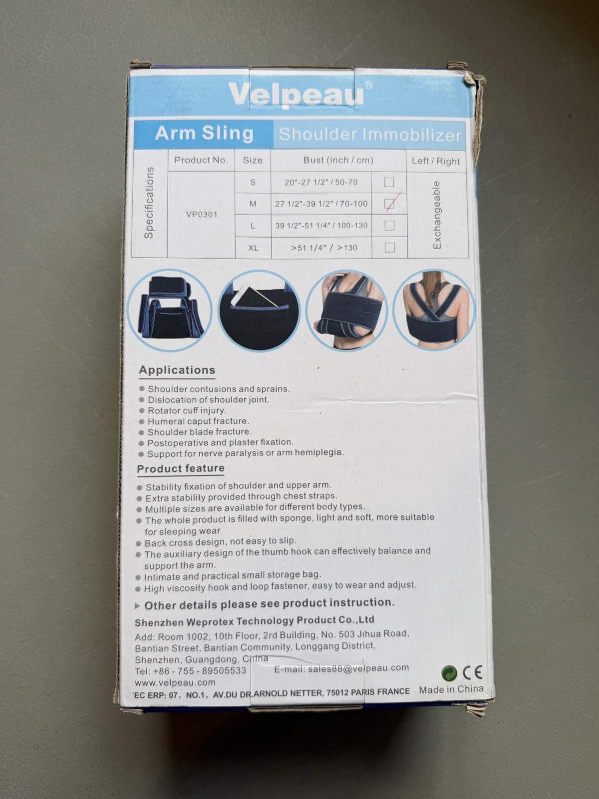 Velpeau Arm Sling Shoulder Immobilizer VP0301 Size Medium Black NEW