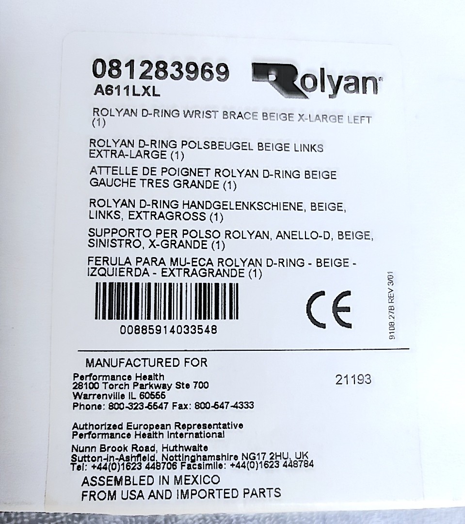 [NEW] Rolyan D-RING Wrist Brace X-Large XL Left Beige A611LXL 081283969