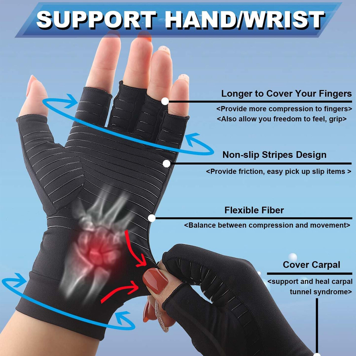 Copper Arthritis Compression Gloves Hand Support Joint Pain Relief Anti-Slip