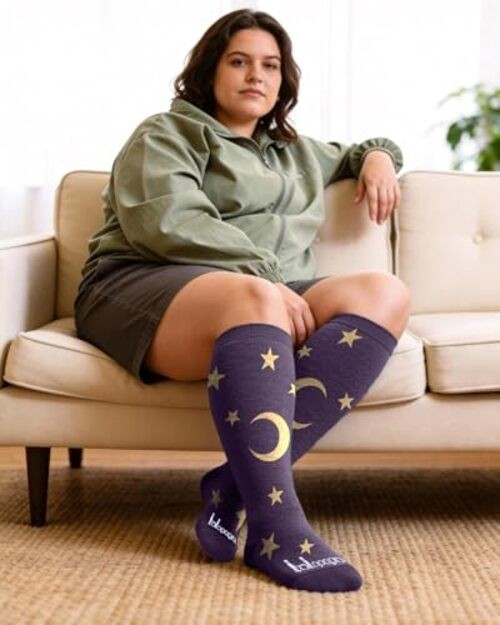 Bamboo Wide Calf Compression Socks for Women Men – 2 Pair 3X-Large Moon & Star