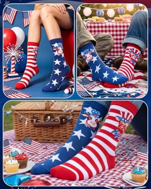 2 Pairs 4th of July Socks for Women Men, Patriotic Socks Red White Blue Stars