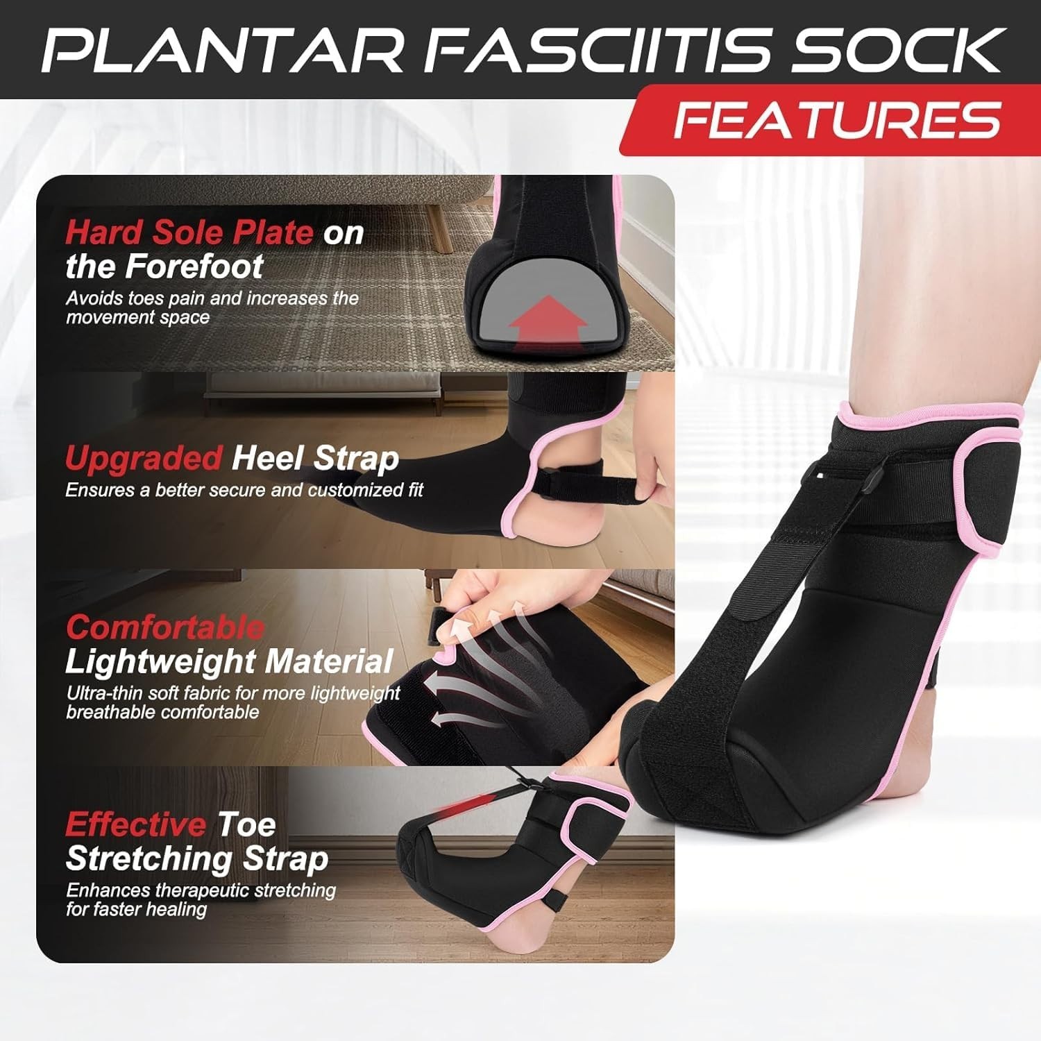 Plantar Fasciitis Night Splint Sock – Black Pink Small, Ultimate Comfort Relief