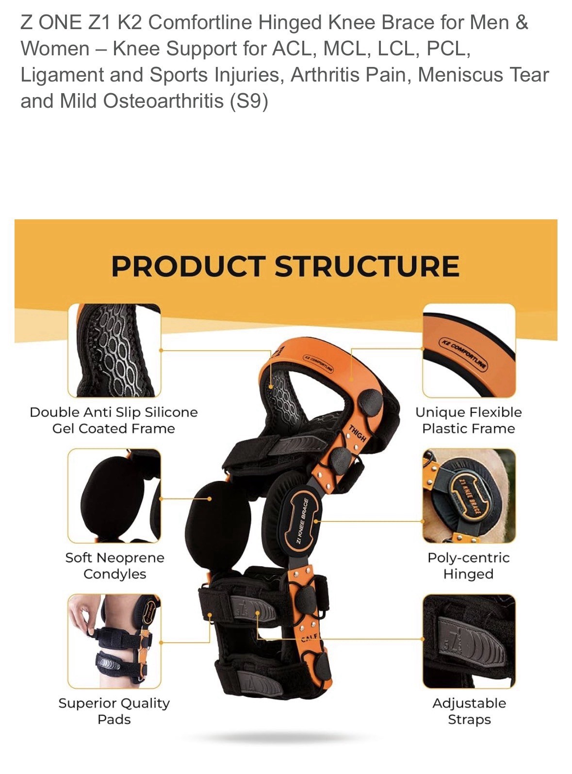 Z1 K2 Knee Brace for ACL Ligament Sports Injuries OA & Knee Pain for Men & Women