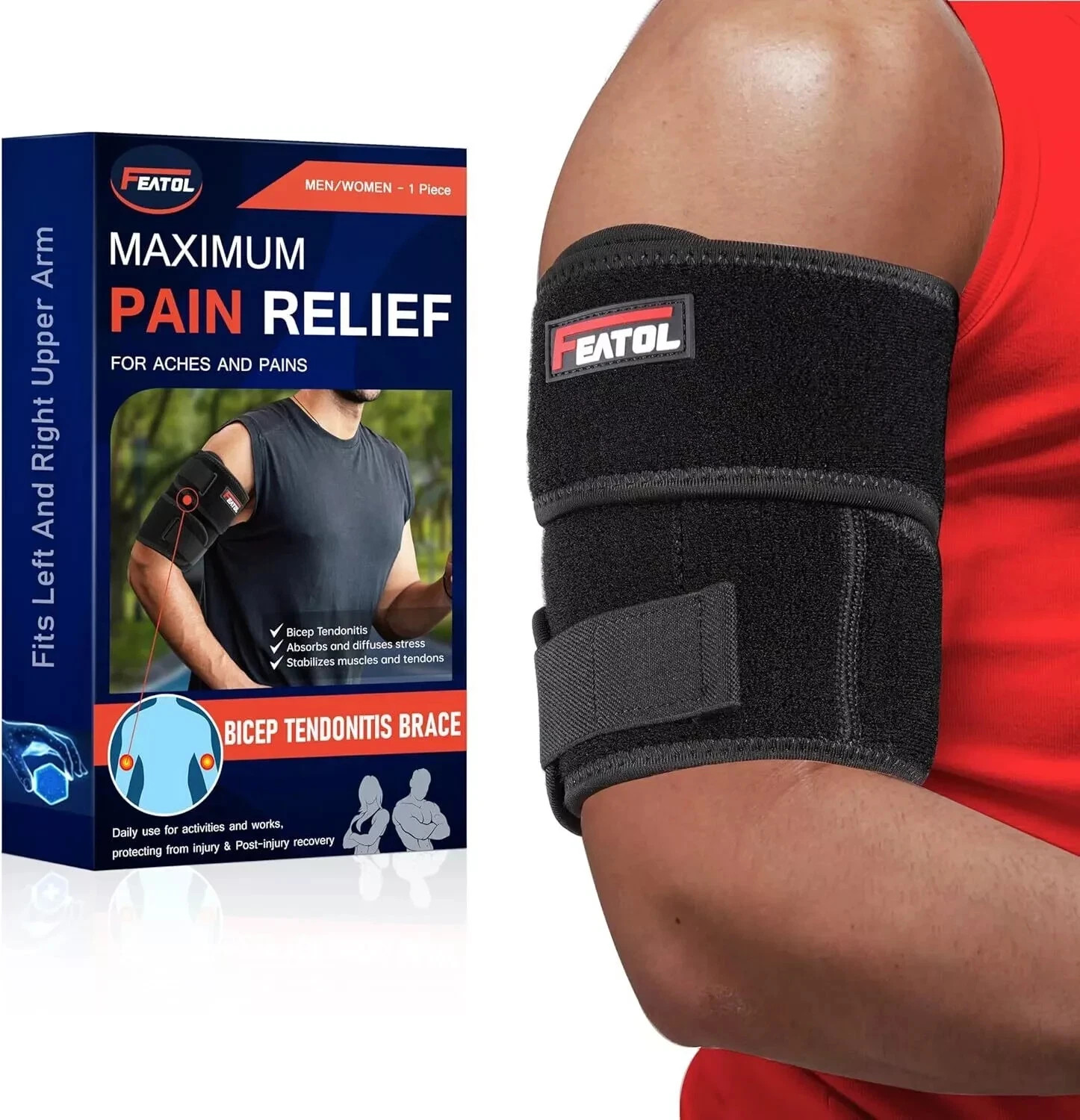 FEATOL Bicep Tendonitis Brace Compression Sleeve Support, Upper Large, Black