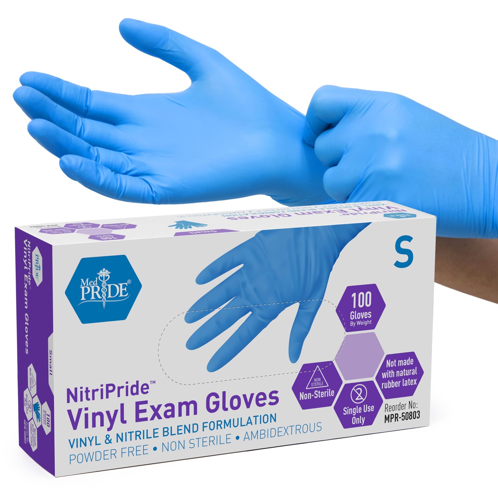 MED PRIDE Nitrile/Vinyl Blend Exam Gloves, Powder-Free, Small, Blue