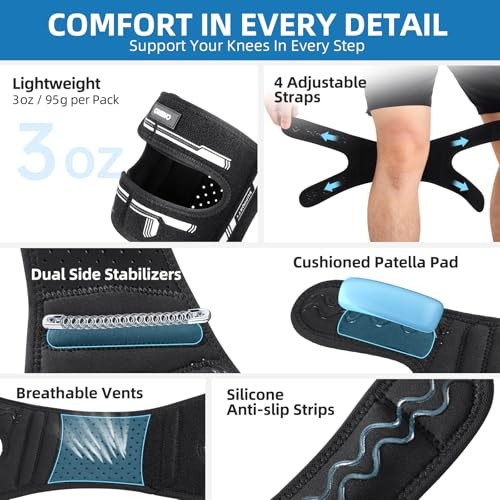 Patella Tendon Support Knee Brace for Women & Men, Adjustable Knee L/XL Black