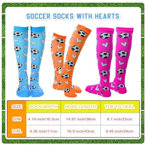 3 Pairs Soccer Novelty Sports Hearts Small-Medium Rose Red, Sky Blue, Orange