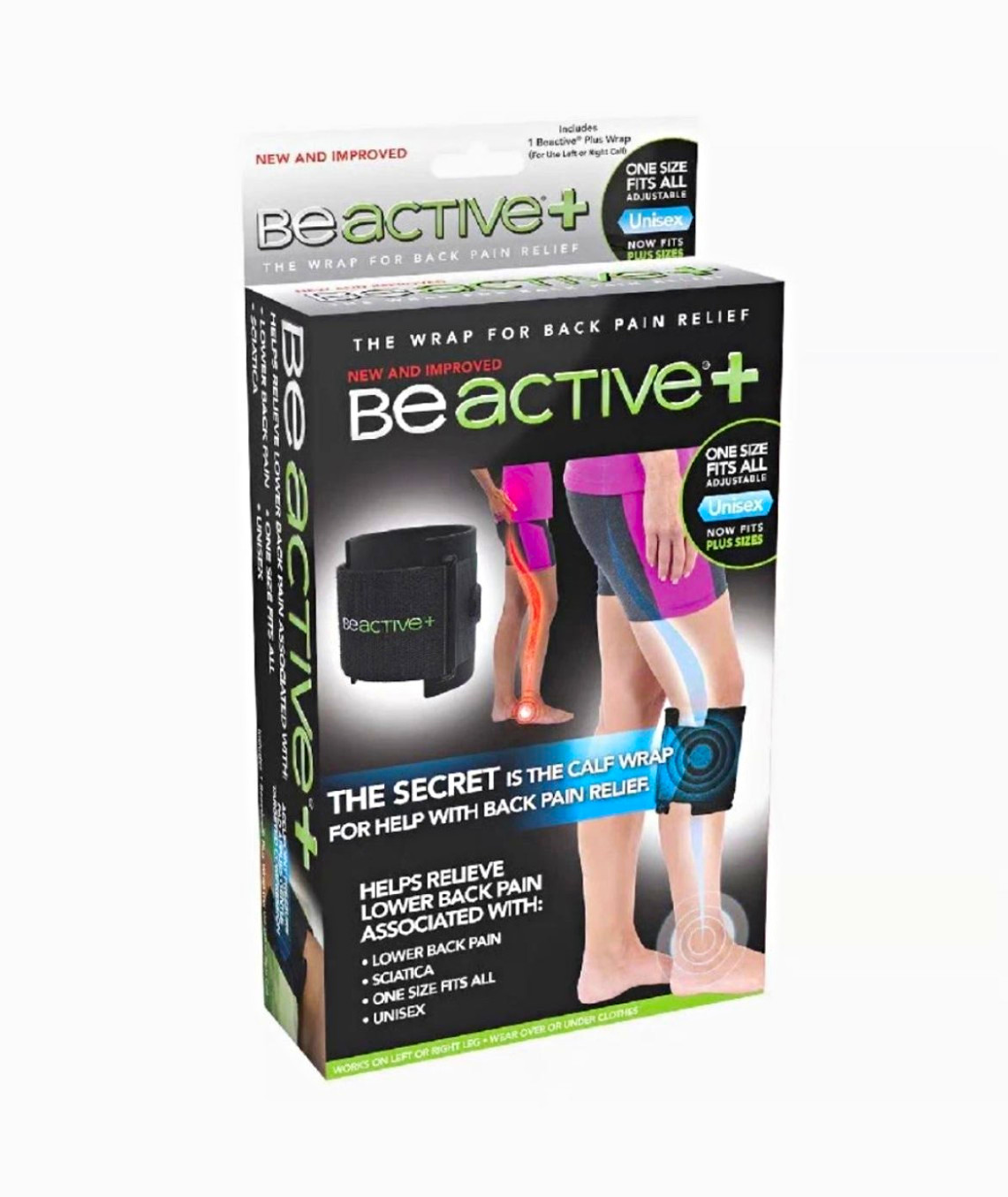 BeActive+ Back Pain Relief Calf Wrap Brace, One Size Adjustable, Black