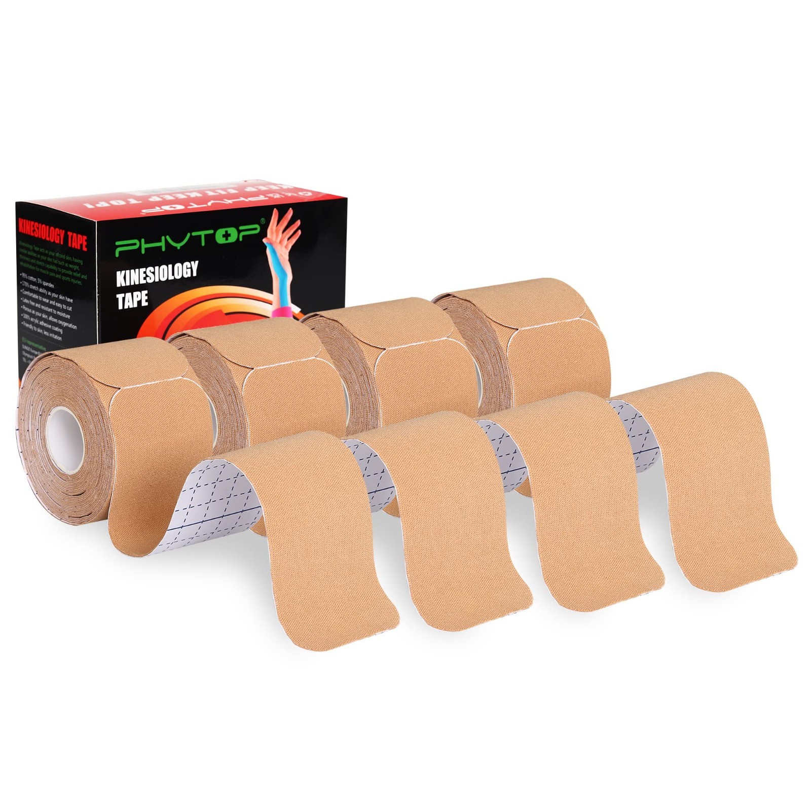 Precut Kinesiology Tape Strips – 4 Rolls Beige (2″x16.4ft) – Waterproof Muscle S