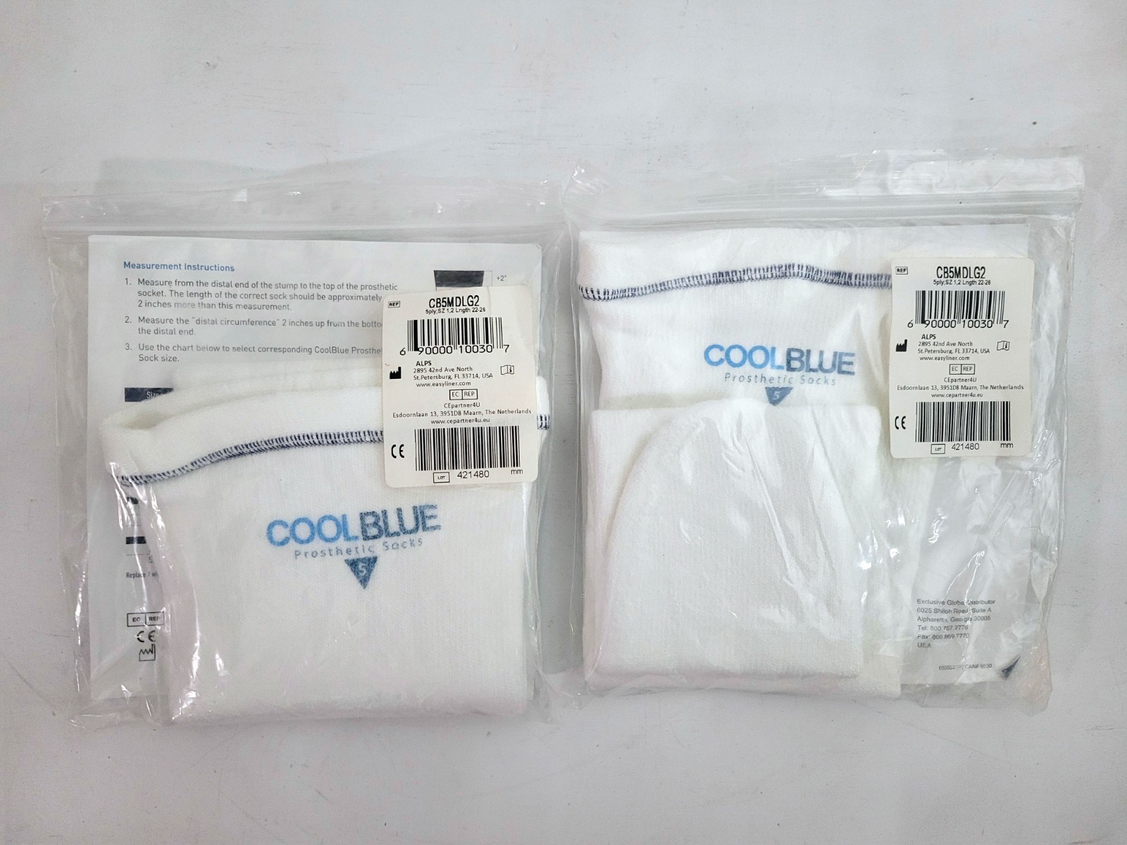Lot Of 2 Cool Blue 5 Ply Prosthetic Socks Size 1, 2 Length 22-26 CB5MDLG2 NEW