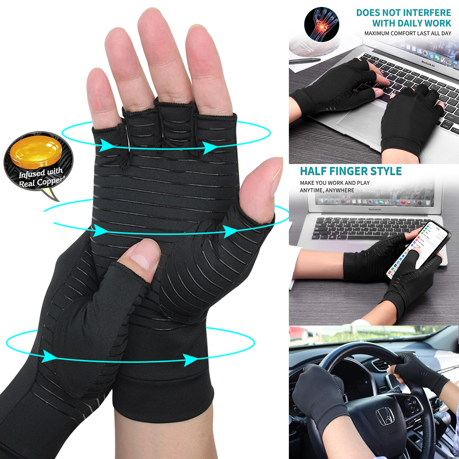 Copper Anti Arthritis Compression Gloves Wrist Support Hand Pain Relief Therapy