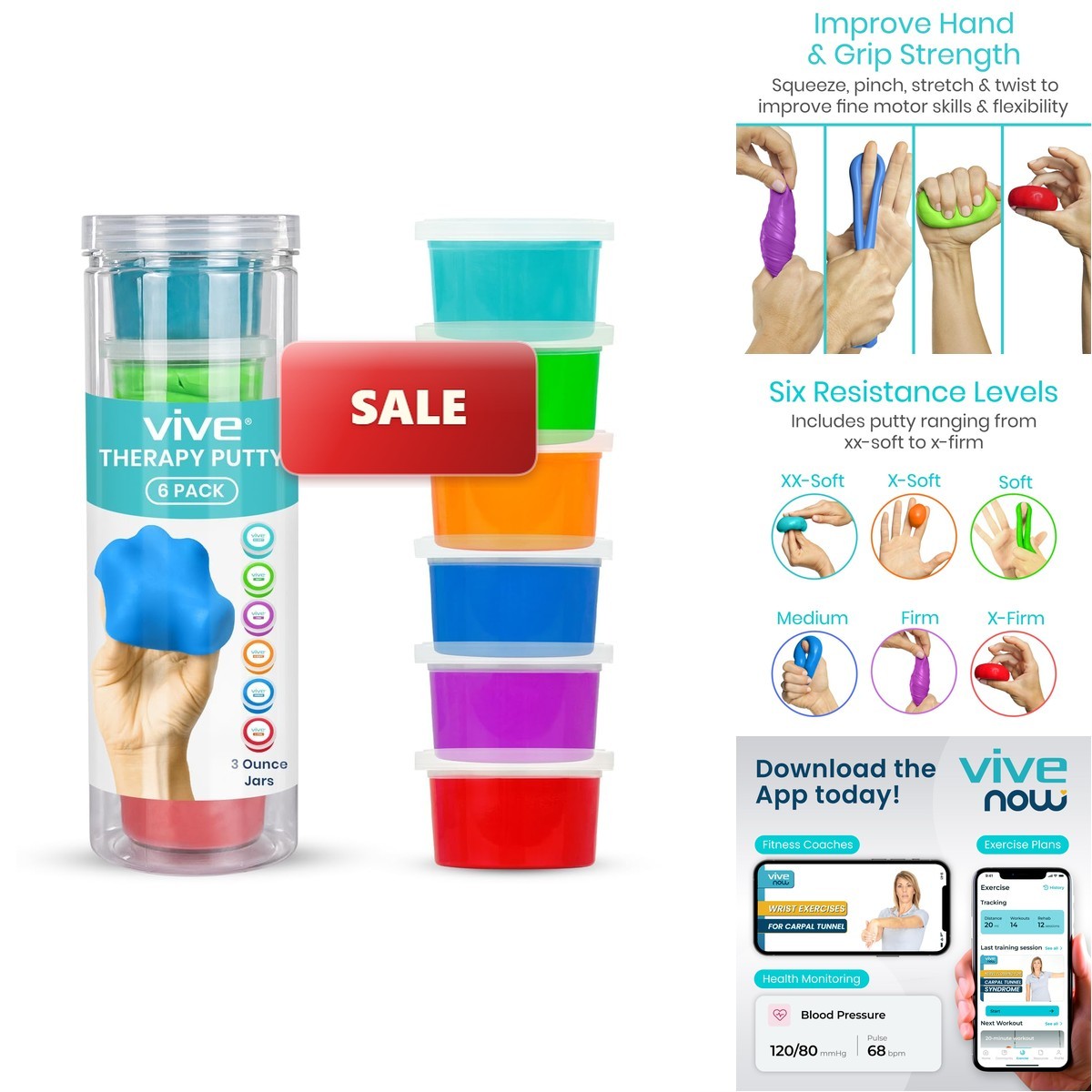 Vive Therapy Putty (6 Pack) – 3 Ounces Exercise Putty for Hand Rehab