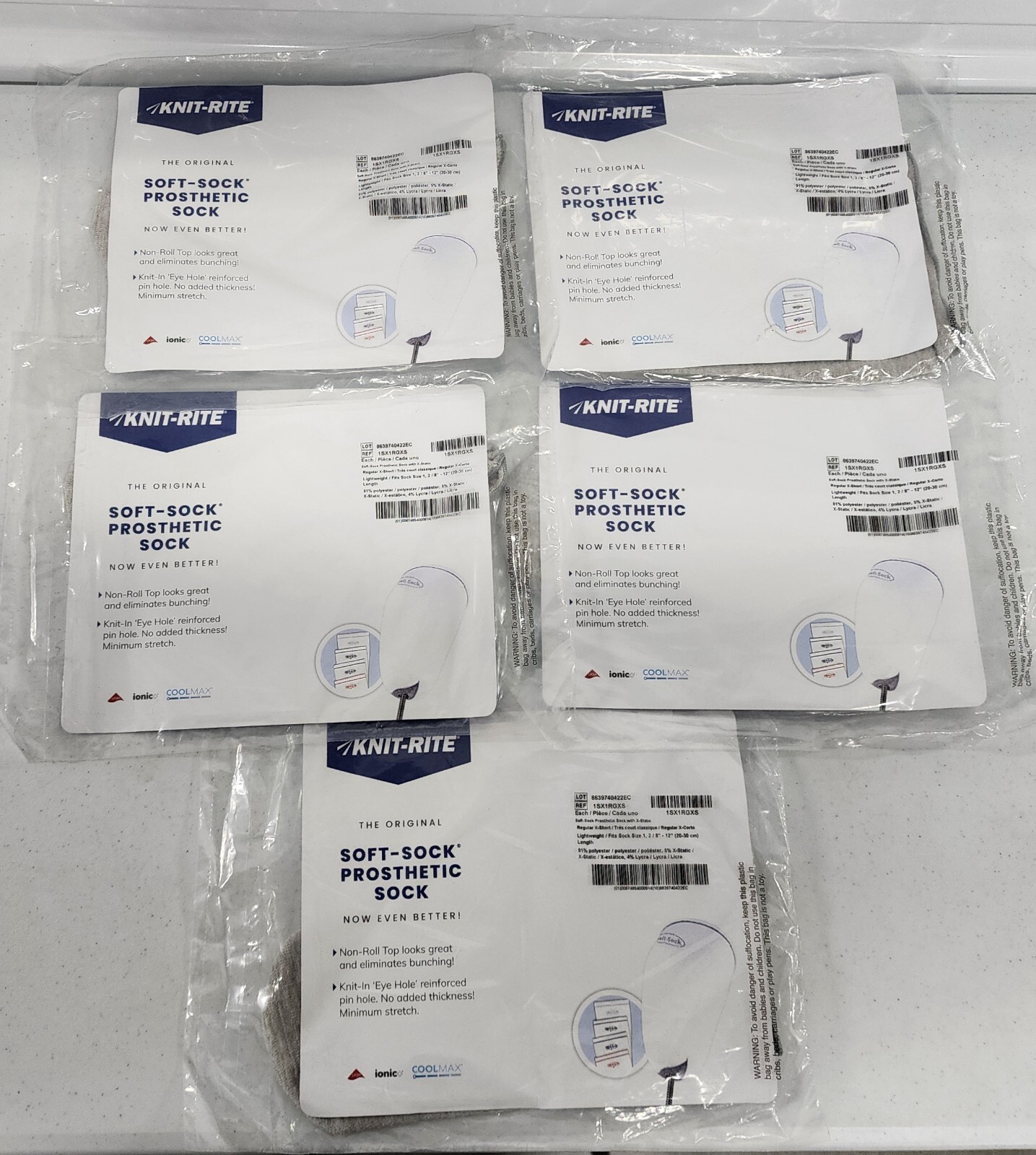 Knit-Rite Prosthetic Sock – Reg X-Short – Sock Size 1,2 – Length 8-12 – Lot of 5