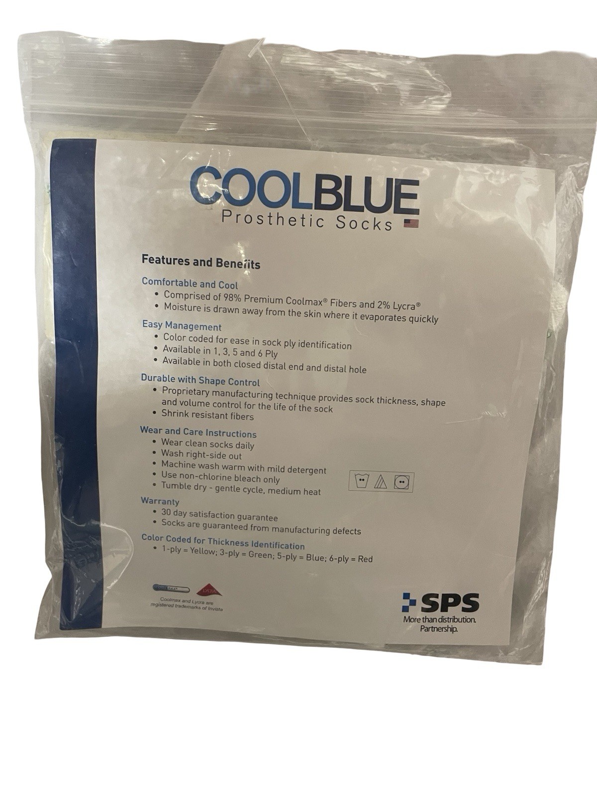 Cool Blue x1 Prosthetic Sock 3 Ply with Sewn Hole Size 3, 4 Length 10-14 By SPS