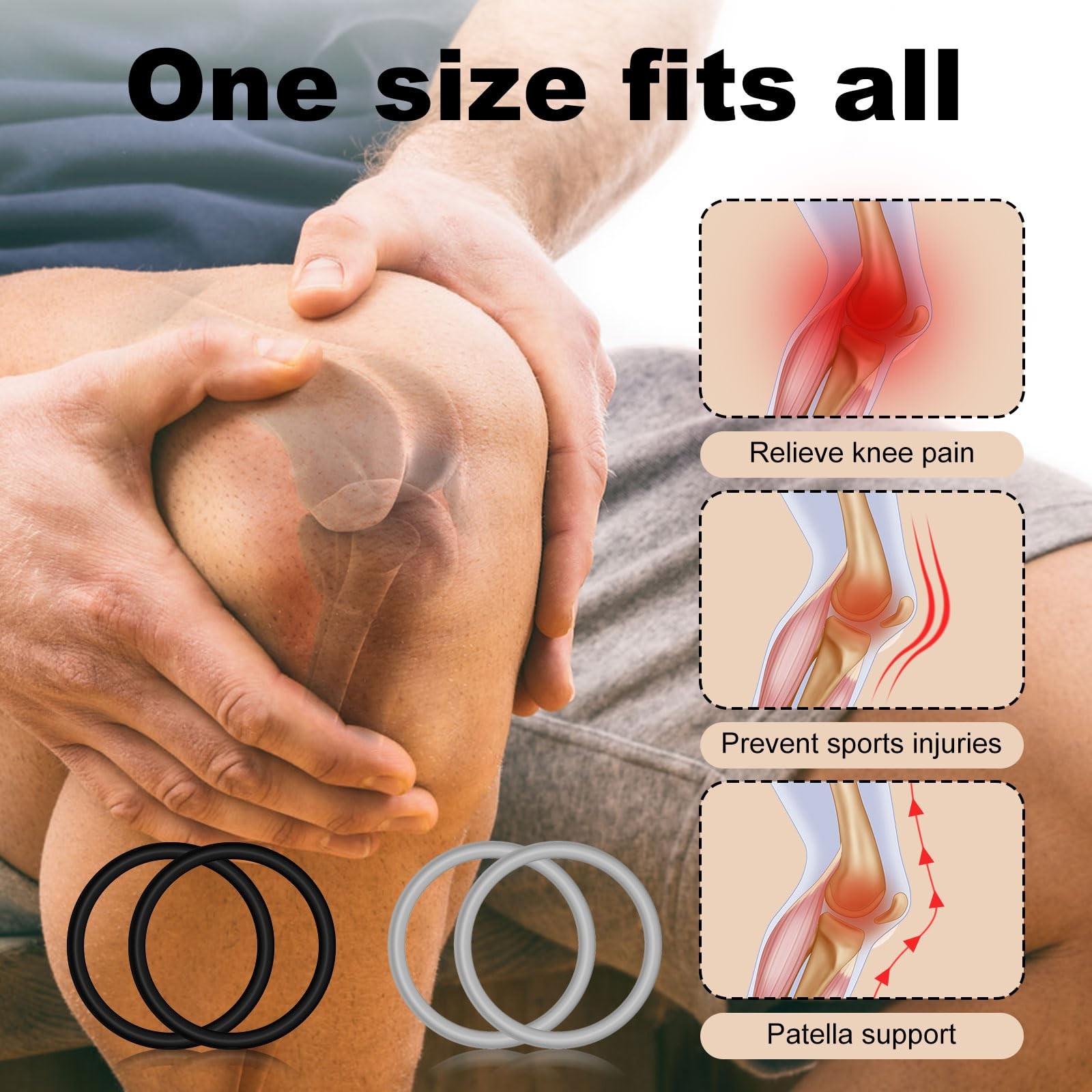 4pcs Patellar Tendon Support Straps, Silicone Knee Band 6.6cm, Black, Gray