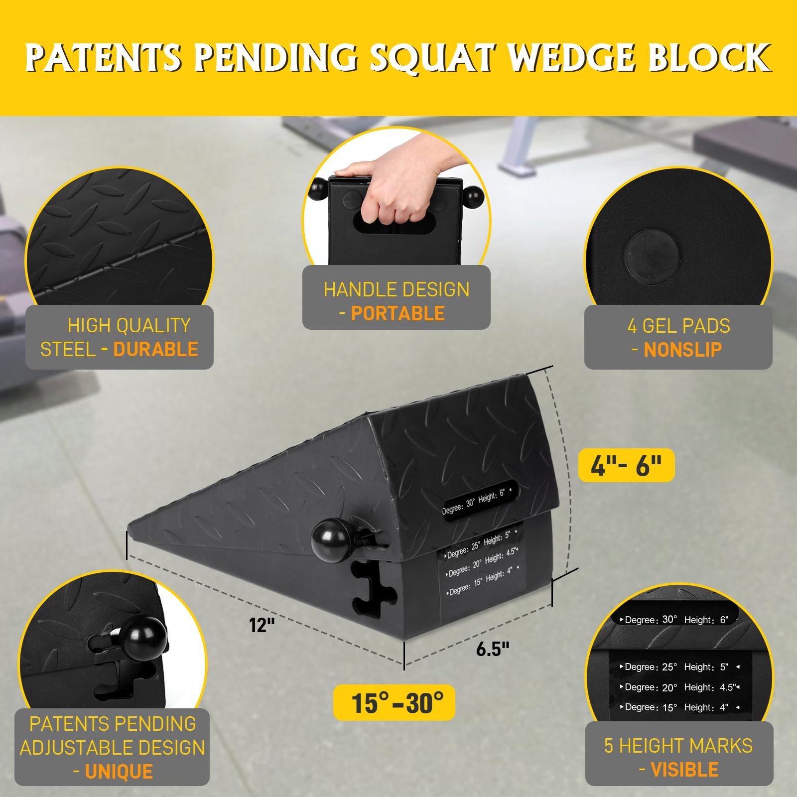 Squat Wedge Height Adjustable Slant Board for Heel B: Black-Metal-5Heights