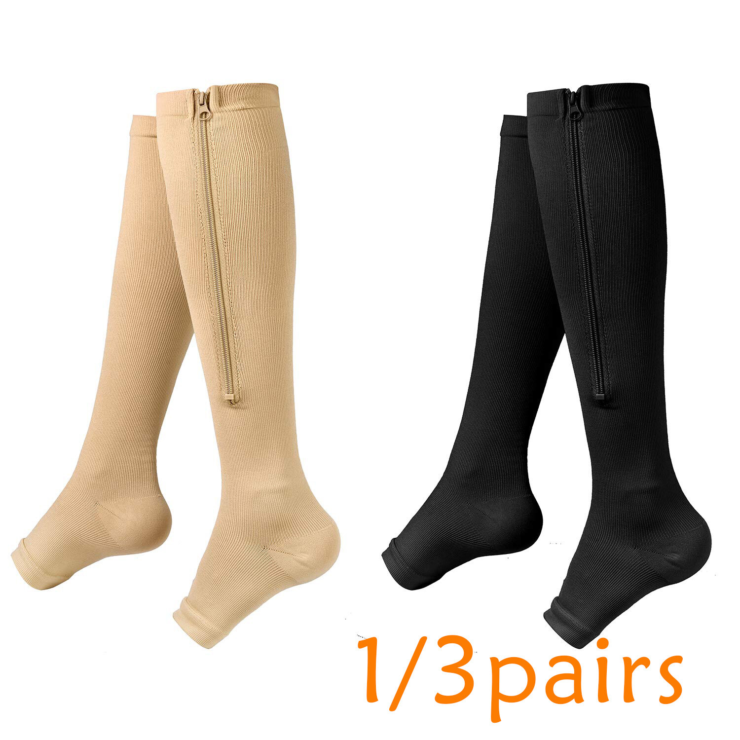 Copper Open Toe Compression Socks 20-30 mmHg Recovery Varicose Veins W/ Zipper