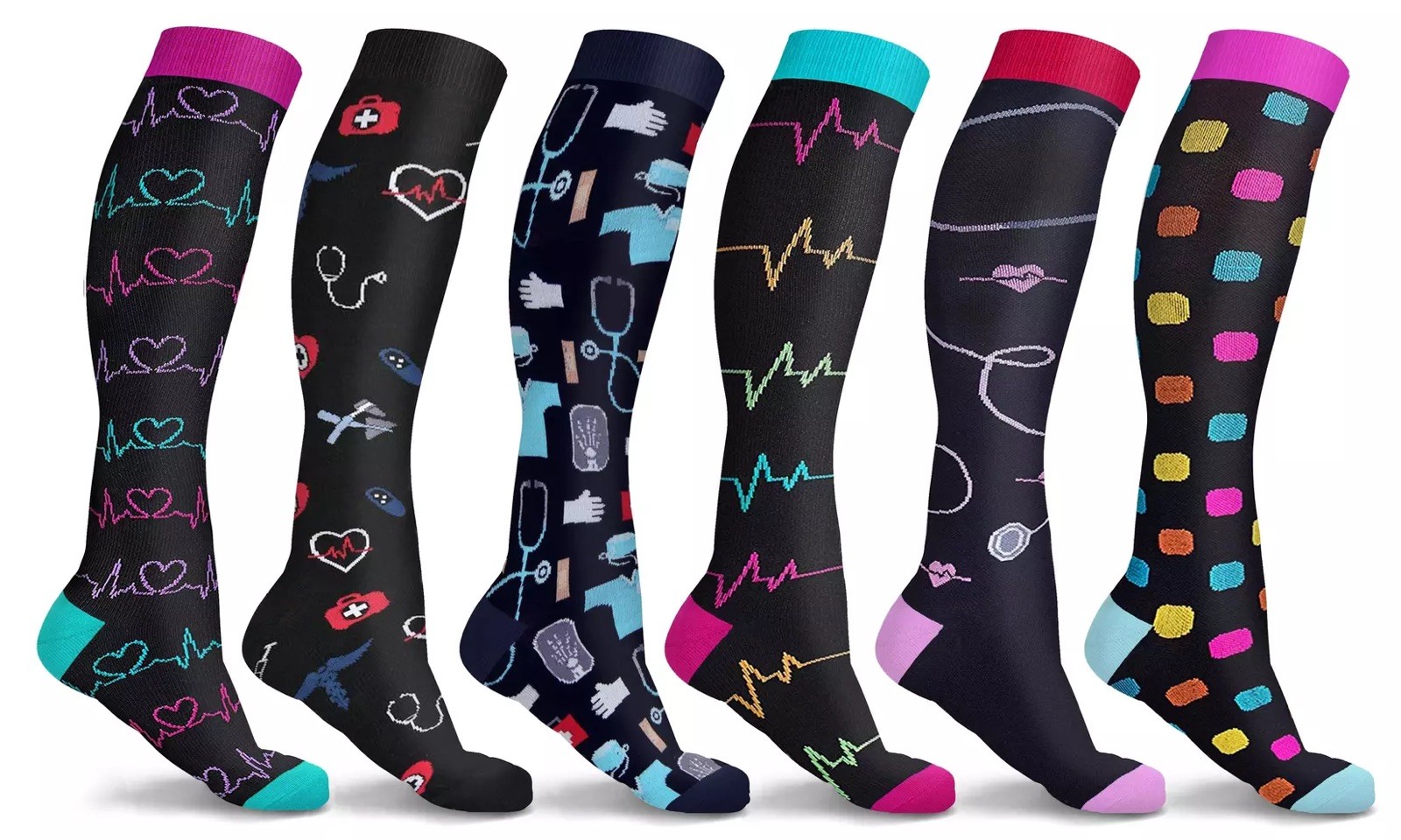6 Pack of Compression Socks Stockings Women Knee High 20-30Mmg Medical Running