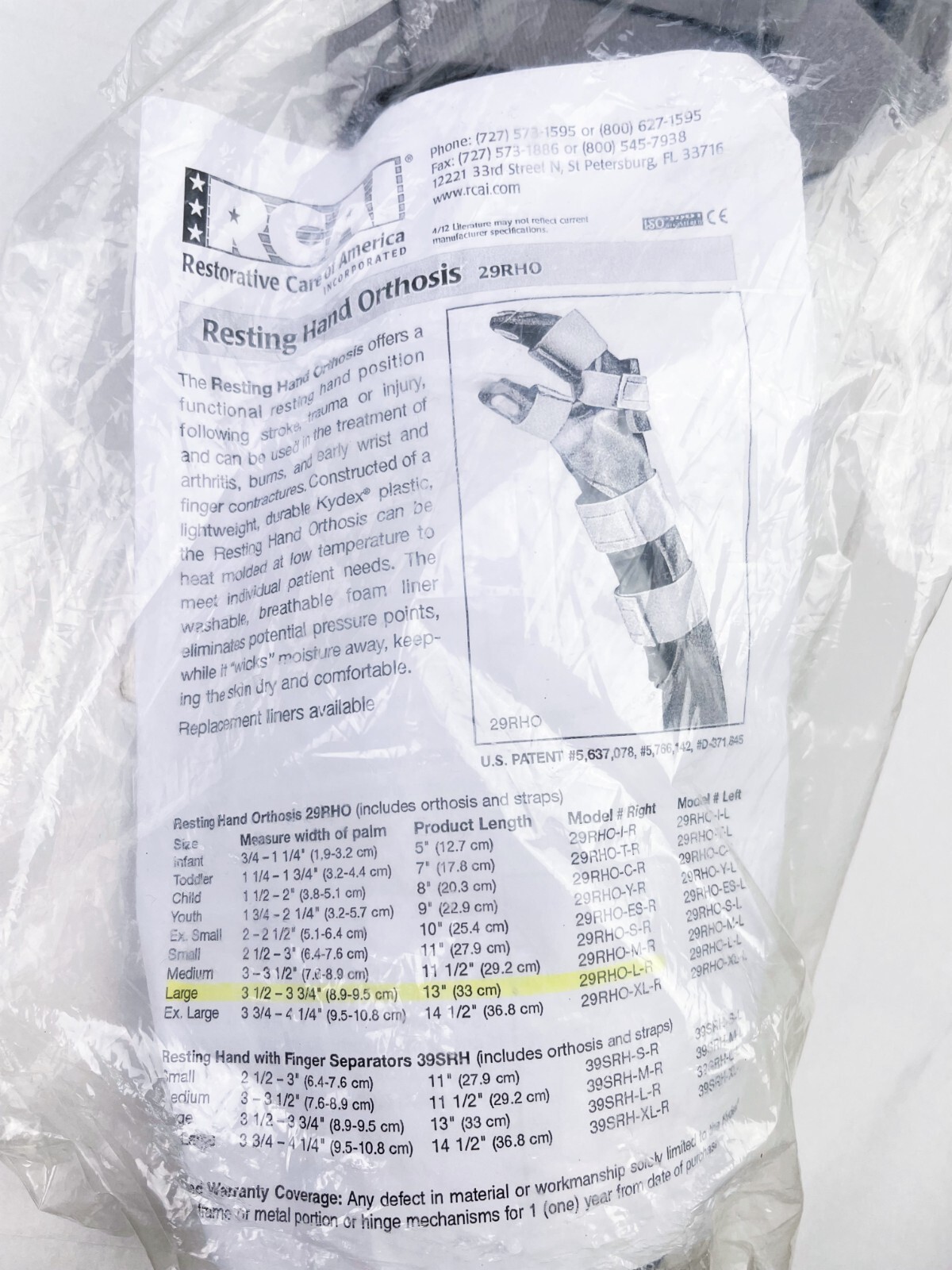 Restorative Care of America 29RHO-L-R Resting Hand Orthosis – Right Side, Large