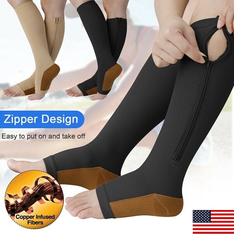 Zippered Medical Compression Socks 20-30mmHg Zipper Open Toe for Men Women USA