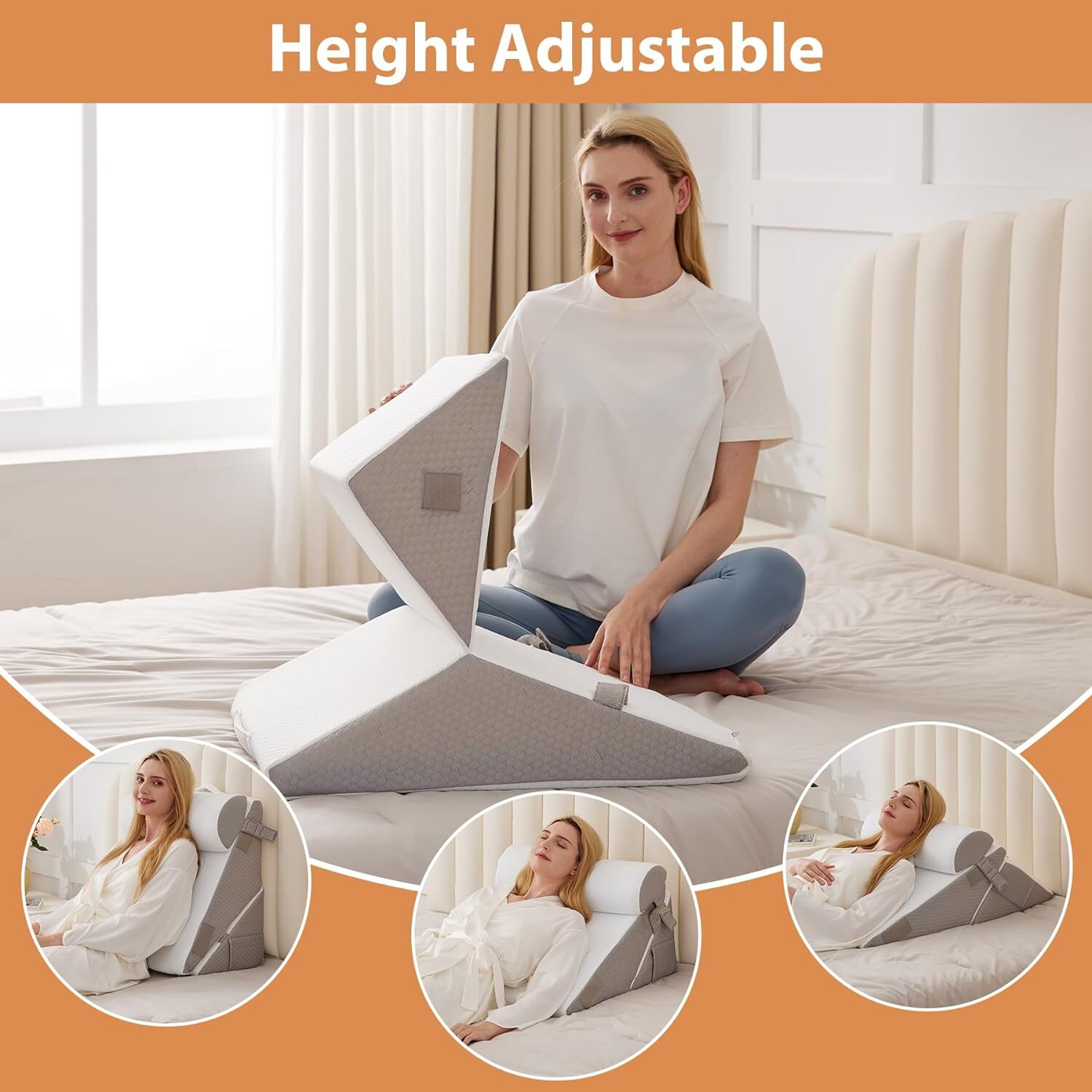 Bed Wedge Pillow for Sleeping 3Pcs, Adjustable Wedge+1 Pillow, White/Grey .