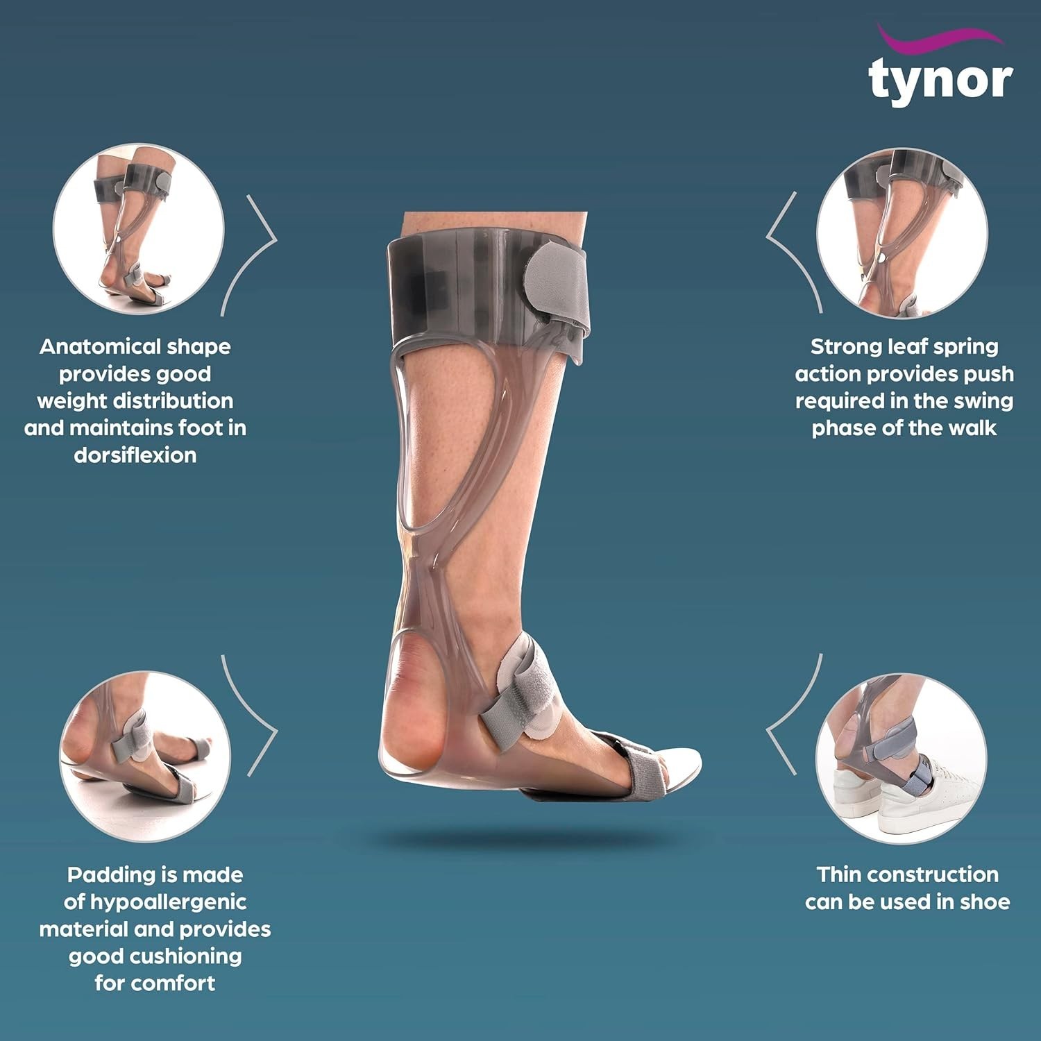 TYNOR Foot Drop Splint, Grey, Left, Medium, 1 Unit