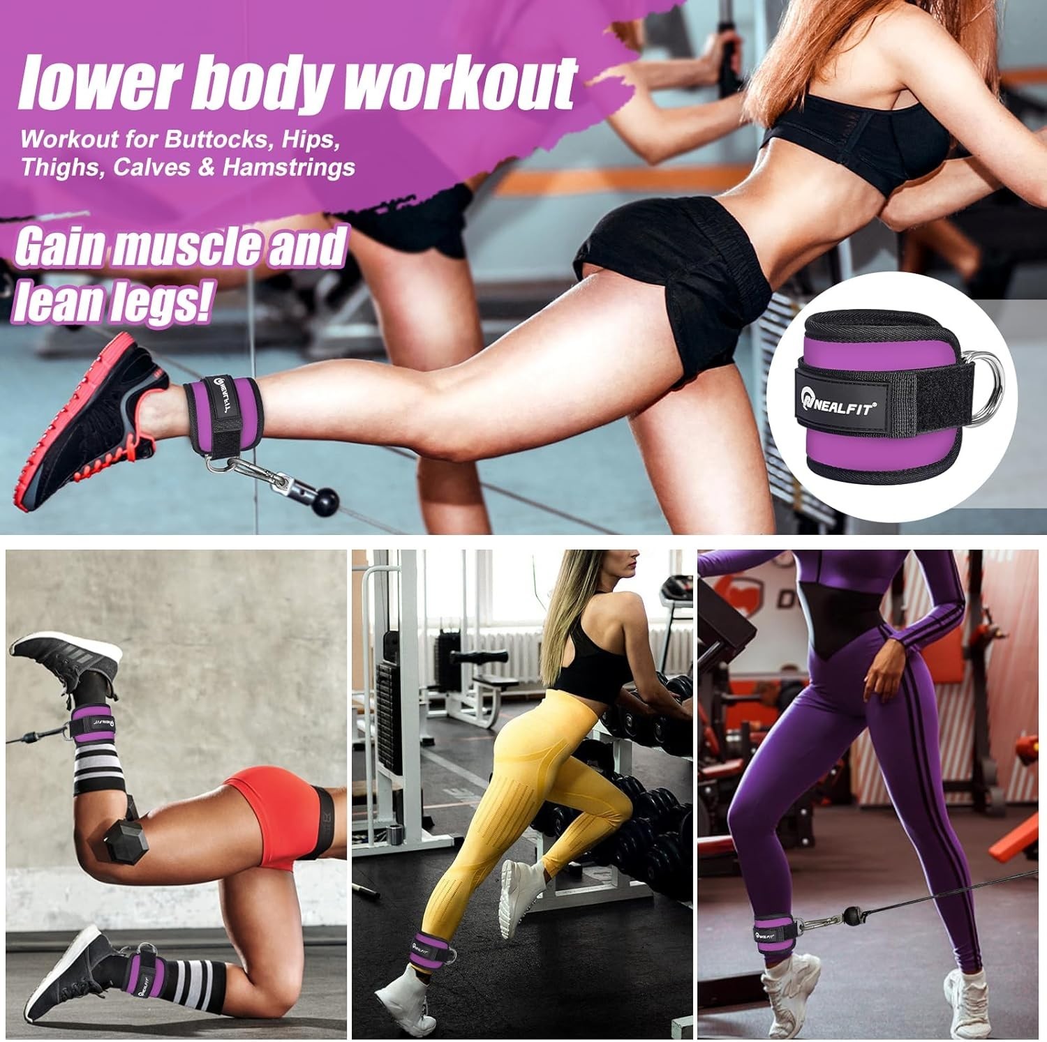 Ankle Strap Cuffs for Cable Machines – Purple, 2 Pack for Glute Workouts