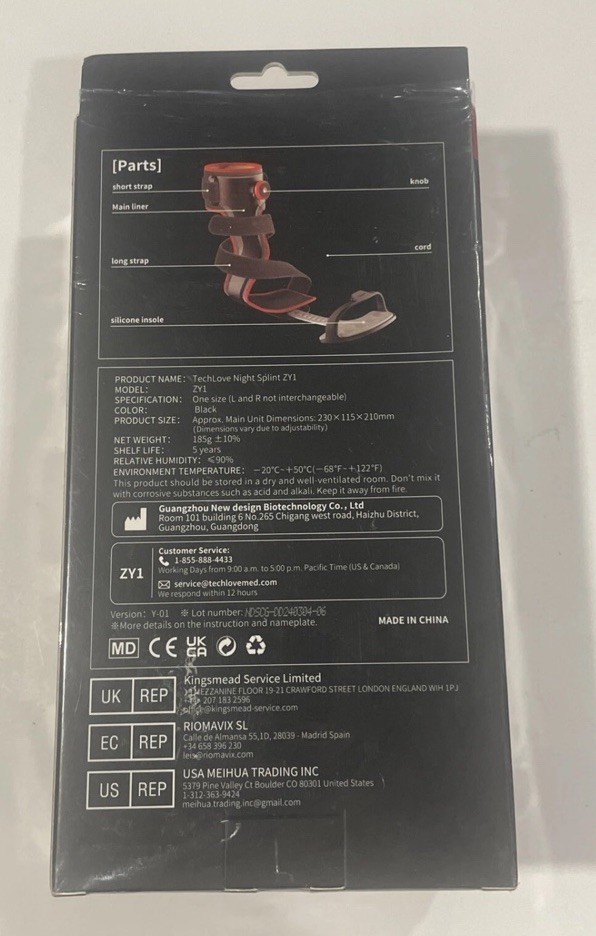 Tech Love Plantar Fasciitis Night Splint ZY1 Unisex Right Foot
