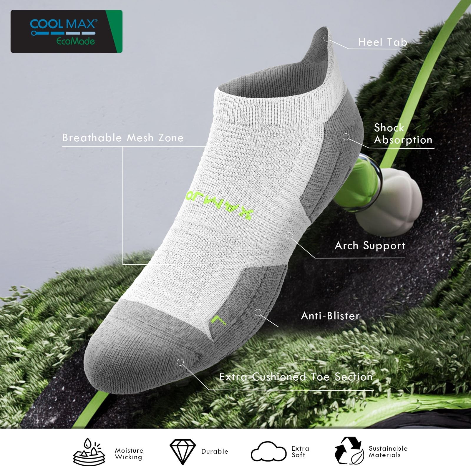 Coolmax Viscose Compression Running Socks 3 Pairs Ankle Low Cut Athletic Anti…