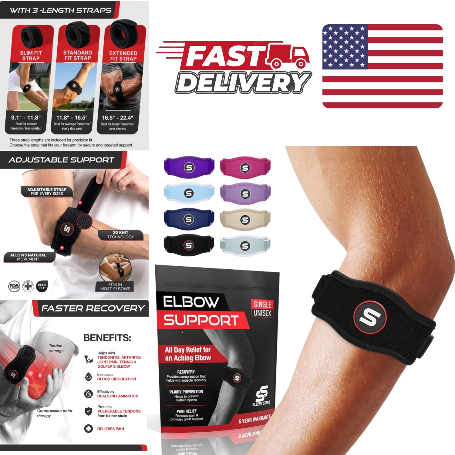 Sleek Black Elbow Brace for Tendonitis and Tennis Elbow Relief Adjustable Fit