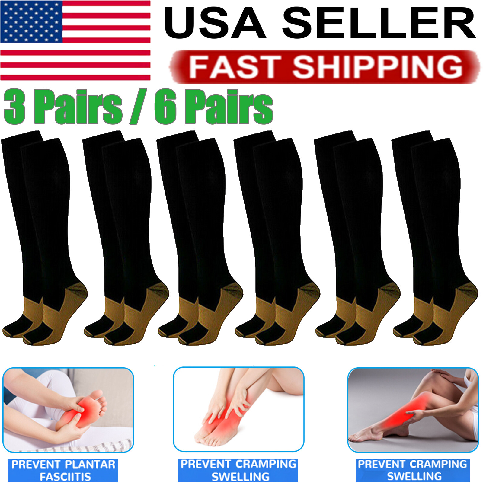 6 Pairs Copper Compression Socks 20-30mmHg Graduated Support Men’s Women’s S-XXL