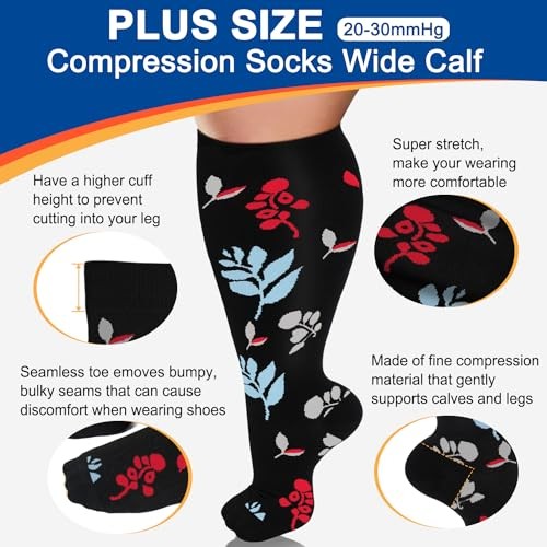 Plus Size Compression Socks for XX-Large 00-4 Pack Black/Black/Black/White