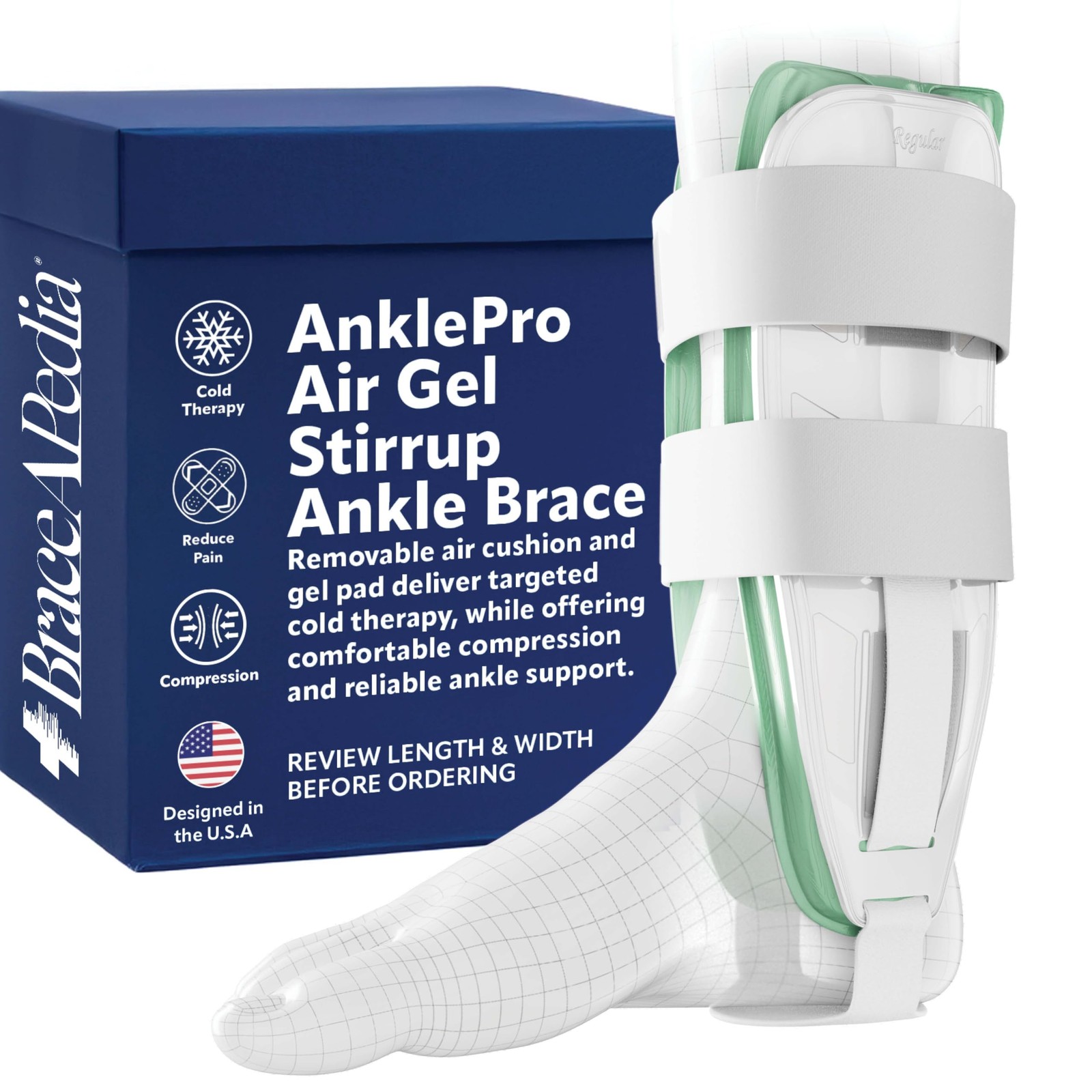 AnklePro Air Gel Stirrup Ankle Brace Side Stabilizer Cushion Regular White 1 PR